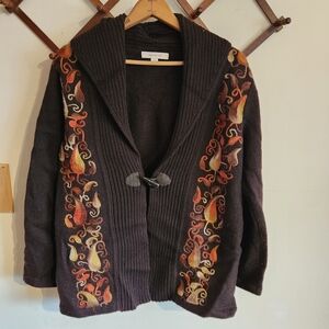 Madison Hill Wool Cardigan with Colorful Felted Embroidery Brown Large